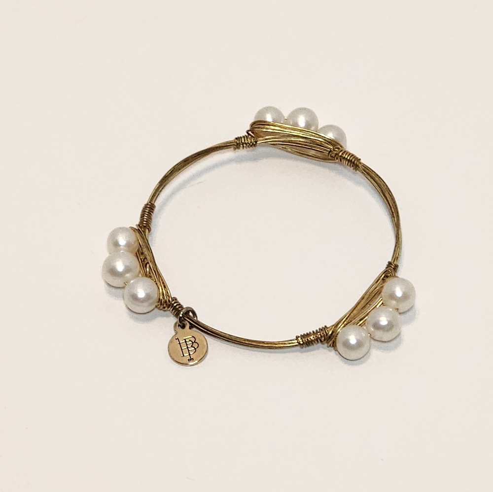 Bourbon and Bowties Goldtone and Pearl Bangle Bracelet